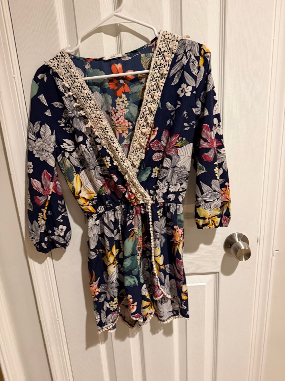 Girls' Navy Floral Lace-Trim Dress